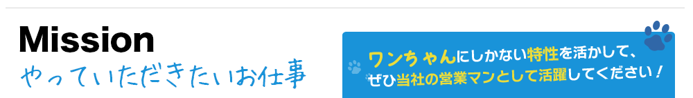 やっていただきたいお仕事。ワンちゃんにしかない特性を活かして、ぜひ当社の営業マンとして活躍してください！